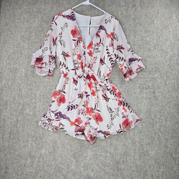 Honey Punch Floral Ruffled Romper With Tie Waist & V-Neck Design - Picture 1 of 10